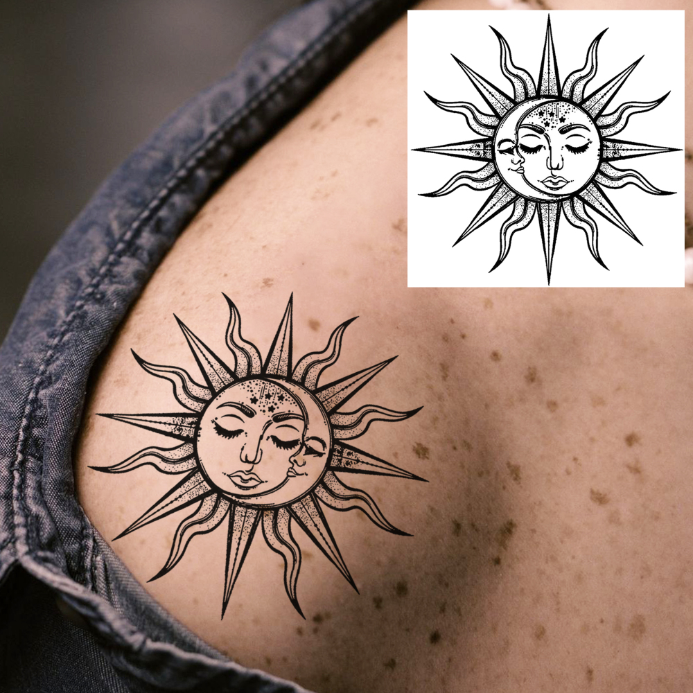 1 Sheet Moon Sun Temporary Tattoos For Women Men Adults Hands Finger Foot Neck Clavicle Legs Forearm Shank Arm Body Art Makeup, Semi Permanent Temp Fake Tattoo Stickers Waterproof Long Lasting Realistic Tatoos For Festival Party Accessory