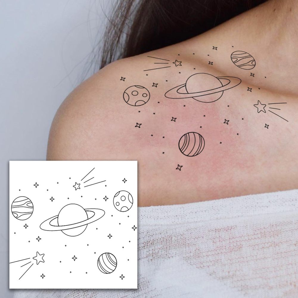 1 Sheet Planet Solar Temporary Tattoos For Women Men Adults Hands Finger Foot Neck Clavicle Legs Forearm Shank Arm Body Art Makeup, Semi Permanent Temp Fake Tattoo Stickers Waterproof Long Lasting Realistic Tatoos For Festival Party Accessory
