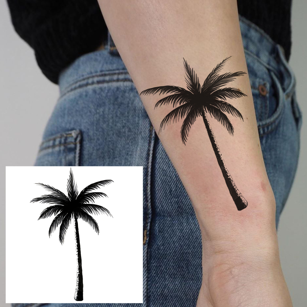 1 Sheet coconut trees Temporary Tattoos For Women Men Adults Hands Finger Foot Neck Clavicle Legs Forearm Shank Arm Body Art Makeup, Semi Permanent Temp Fake Tattoo Stickers Waterproof Long Lasting Realistic Tatoos For Festival Party Accessory