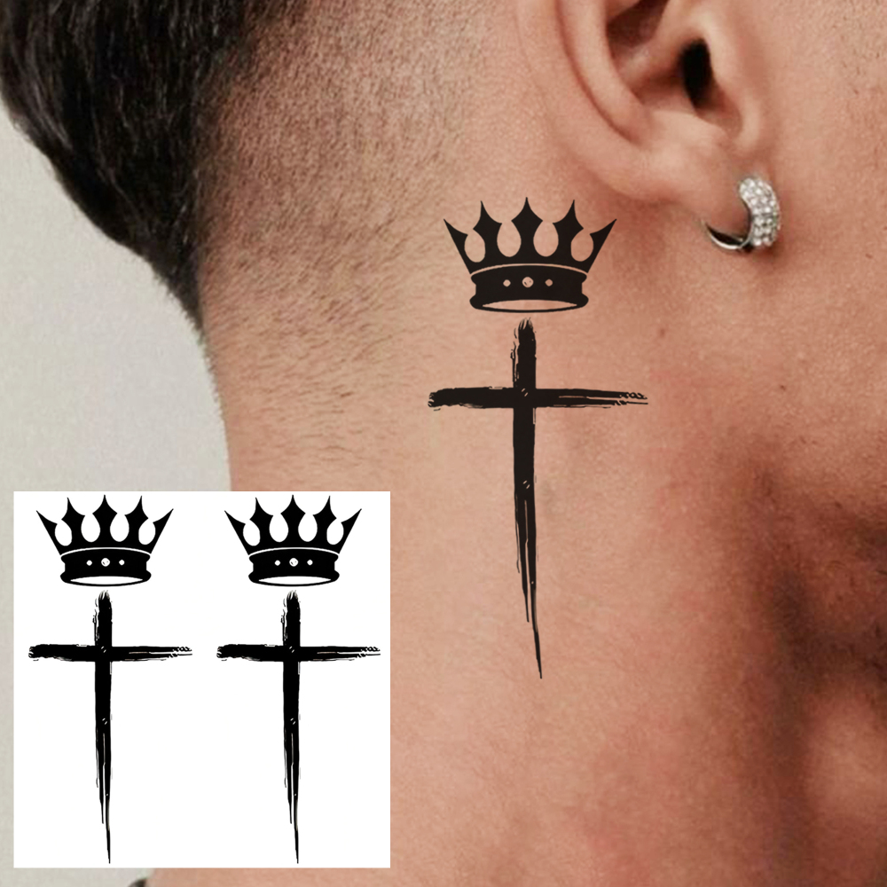 1 Sheet Crown Cross Temporary Tattoos For Women Men Adults Hands Finger Foot Neck Clavicle Legs Forearm Shank Arm Body Art Makeup, Semi Permanent Temp Fake Tattoo Stickers Waterproof Long Lasting Realistic Tatoos For Festival Party Accessory