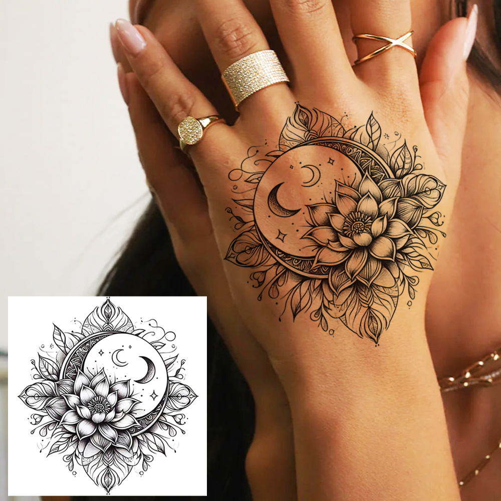 1 Sheet Moon Flower Temporary Tattoos For Women Men Adults Hands Finger Foot Neck Clavicle Legs Forearm Shank Arm Body Art Makeup, Semi Permanent Temp Fake Tattoo Stickers Waterproof Long Lasting Realistic Tatoos For Festival Party Accessory