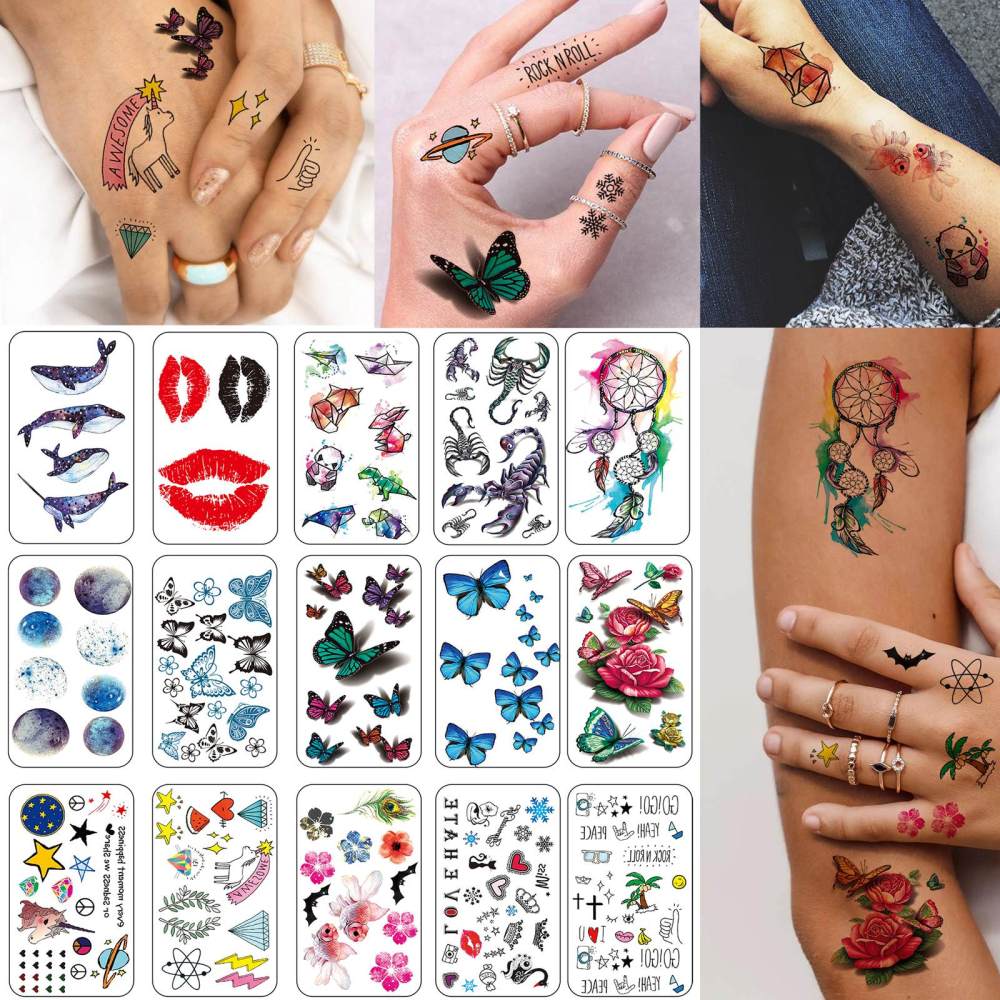 15 Sheets Cute Temporary Tattoos For Women Men Adults Hands Finger Foot Neck Clavicle Legs Thigh Forearm Shank Arm Body Art Makeup, Semi Permanent Temp Fake Tattoo Stickers Waterproof Long Lasting Realistic Tatoos For Festival Party Accessory