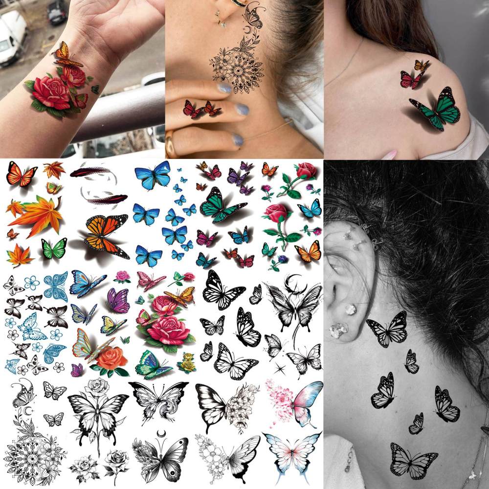 15 Sheets Cute Butterfly Temporary Tattoos For Women Men Adults Hands Finger Foot Neck Clavicle Legs Thigh Forearm Shank Arm Body Art Makeup, Semi Permanent Temp Fake Tattoo Stickers Waterproof Long Lasting Realistic Tatoos For Festival Party Accessory