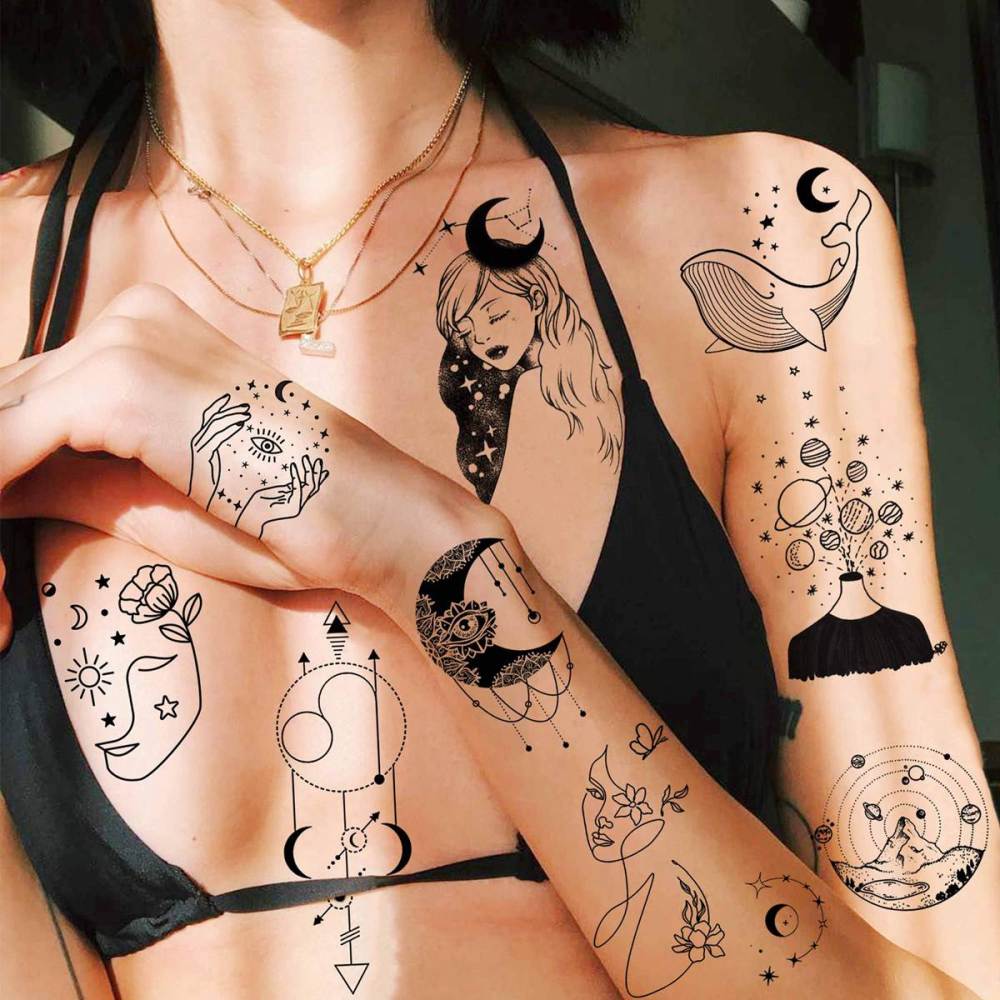 15 Sheets Abstract Minimalism Temporary Tattoos For Women Men Adults Kids Hands Finger Foot Neck Clavicle Shank Arm Body Art Makeup, Semi Permanent Temp Fake Tattoo Stickers Waterproof Long Lasting Realistic Tatoos For Festival Party Accessory