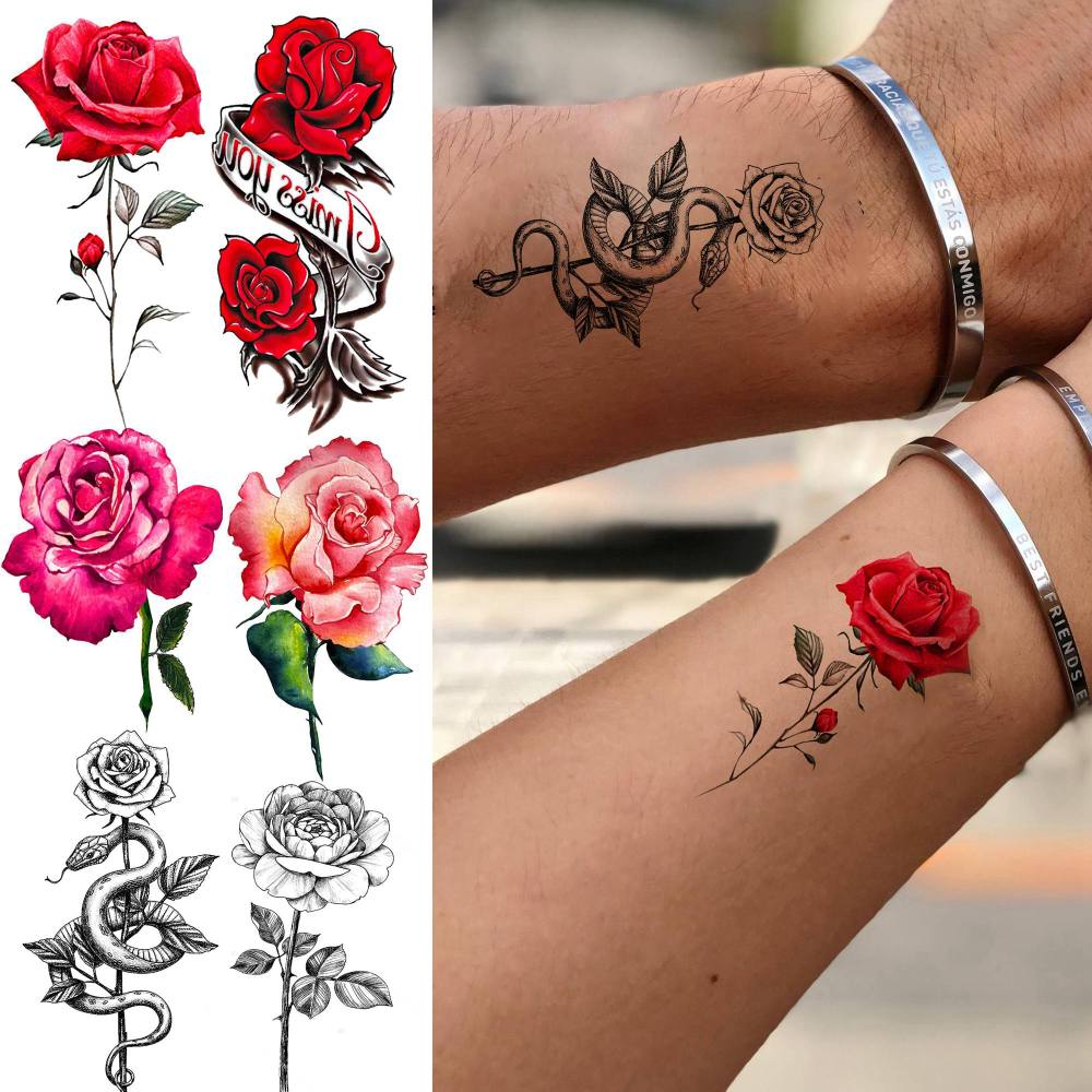 24 Sheets Small Rose Temporary Tattoos For Women Men Adults Kids Hands Finger Foot Neck Clavicle Shank Arm Body Art Makeup, Semi Permanent Temp Fake Tattoo Stickers Waterproof Long Lasting Realistic Tatoos For Festival Party Accessory