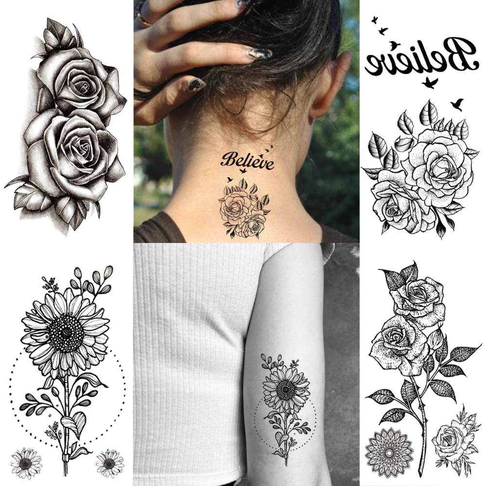 15 Sheets Cute Flower Temporary Tattoos For Women Men Adults Hands Finger Foot Neck Clavicle Legs Thigh Forearm Shank Arm Body Art Makeup, Semi Permanent Temp Fake Tattoo Stickers Waterproof Long Lasting Realistic Tatoos For Festival Party Accessory