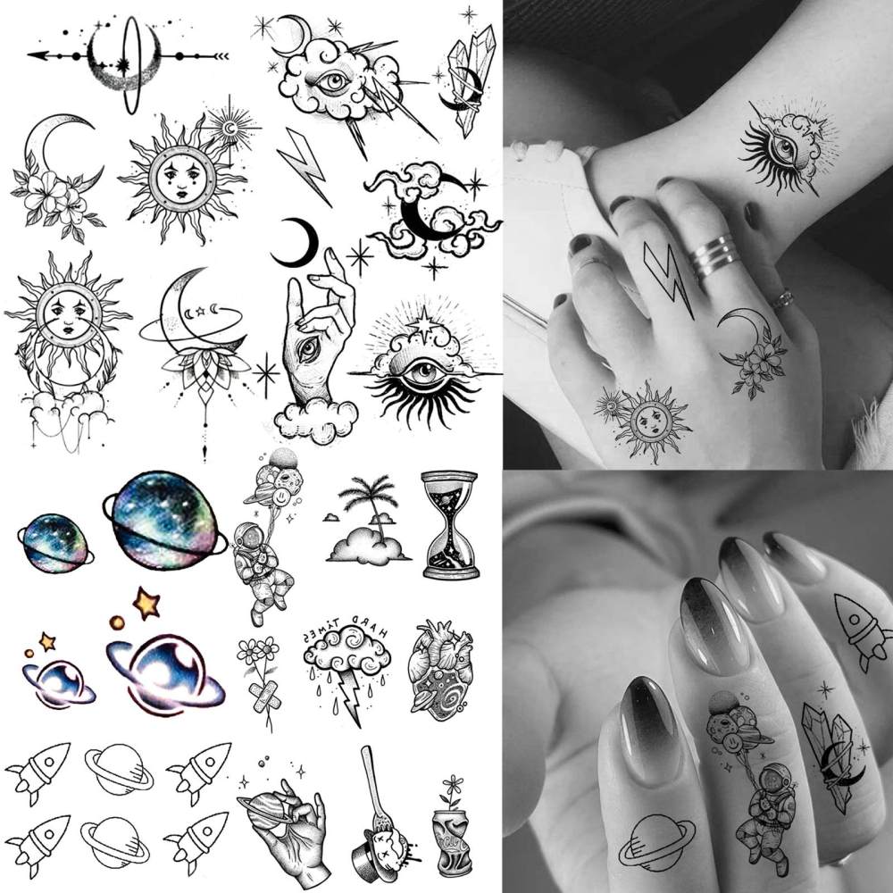 15 Sheets Cute Space Temporary Tattoos For Women Men Adults Hands Finger Foot Neck Clavicle Legs Thigh Forearm Shank Arm Body Art Makeup, Semi Permanent Temp Fake Tattoo Stickers Waterproof Long Lasting Realistic Tatoos For Festival Party Accessory