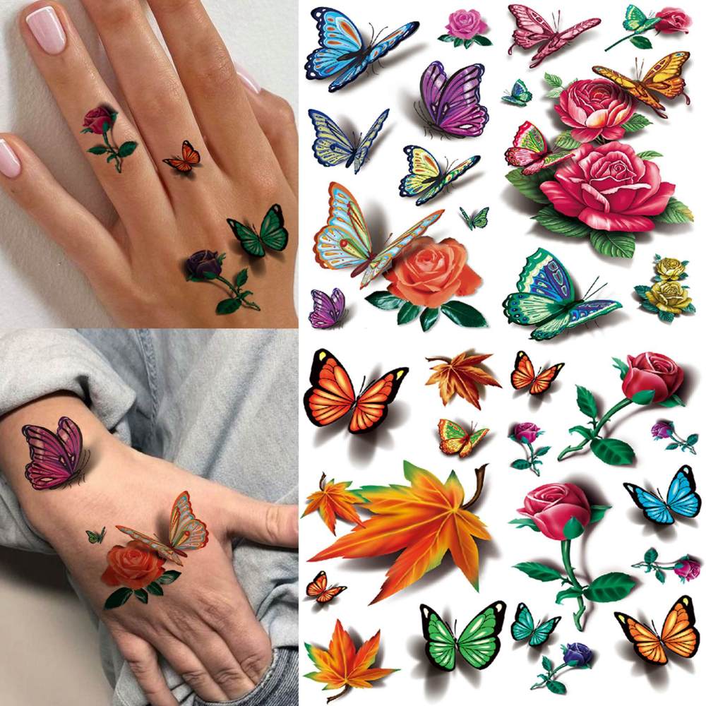 15 Sheets Cute Butterfly Temporary Tattoos For Women Men Adults Hands Finger Foot Neck Clavicle Legs Thigh Forearm Shank Arm Body Art Makeup, Semi Permanent Temp Fake Tattoo Stickers Waterproof Long Lasting Realistic Tatoos For Festival Party Accessory