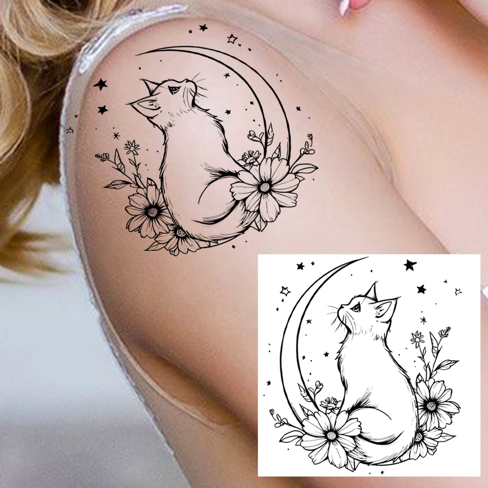 1 Sheet Moon Cat Temporary Tattoos For Women Men Adults Hands Finger Foot Neck Clavicle Legs Forearm Shank Arm Body Art Makeup, Semi Permanent Temp Fake Tattoo Stickers Waterproof Long Lasting Realistic Tatoos For Festival Party Accessory