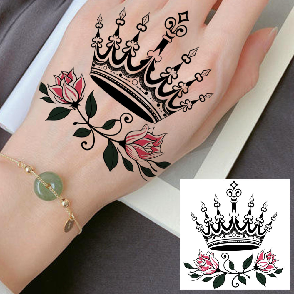 1 Sheet Crown Temporary Tattoos For Women Men Adults Hands Finger Foot Neck Clavicle Legs Forearm Shank Arm Body Art Makeup, Semi Permanent Temp Fake Tattoo Stickers Waterproof Long Lasting Realistic Tatoos For Festival Party Accessory