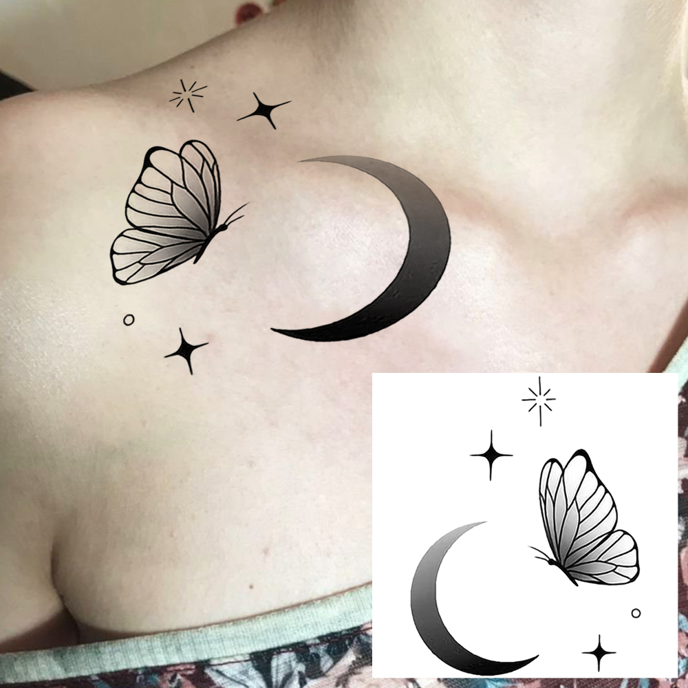1 Sheet Butterfly Moon Temporary Tattoos For Women Men Adults Hands Finger Foot Neck Clavicle Legs Forearm Shank Arm Body Art Makeup, Semi Permanent Temp Fake Tattoo Stickers Waterproof Long Lasting Realistic Tatoos For Festival Party Accessory