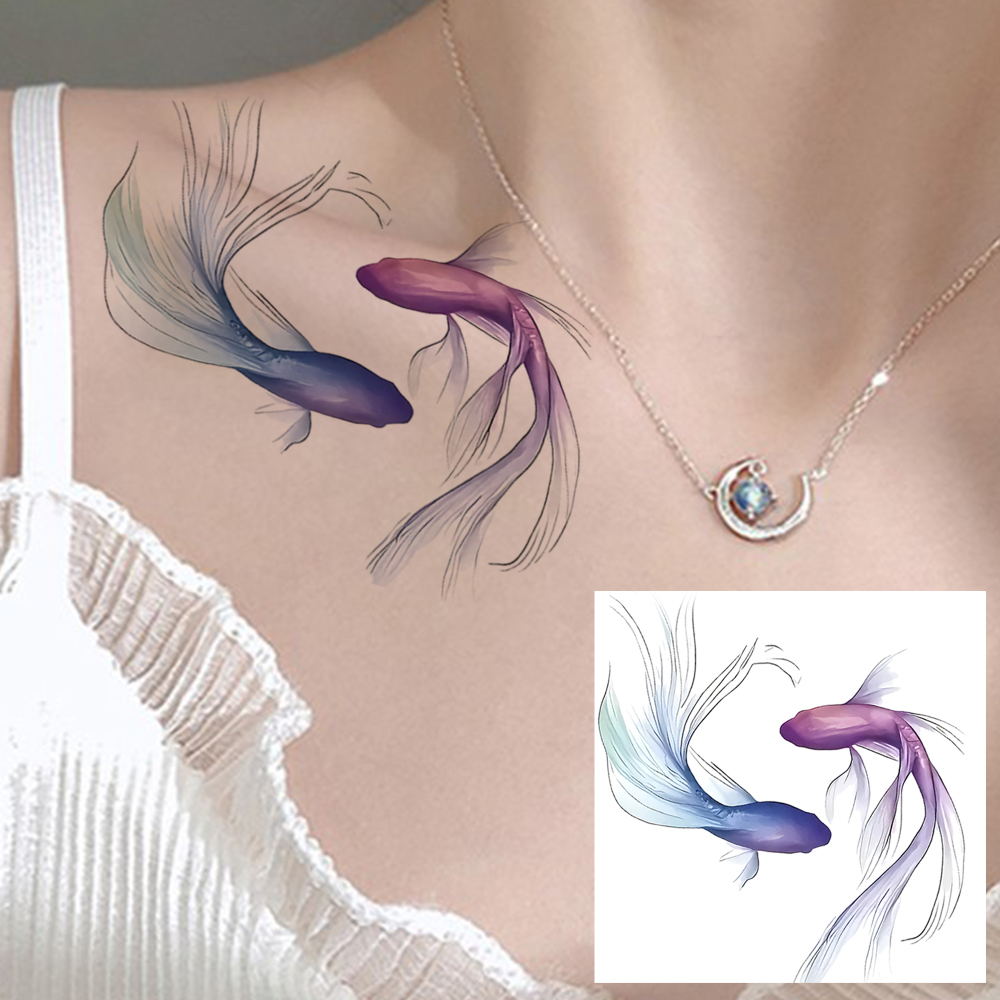 1 Sheet Fish Carp Temporary Tattoos For Women Men Adults Hands Finger Foot Neck Clavicle Legs Forearm Shank Arm Body Art Makeup, Semi Permanent Temp Fake Tattoo Stickers Waterproof Long Lasting Realistic Tatoos For Festival Party Accessory