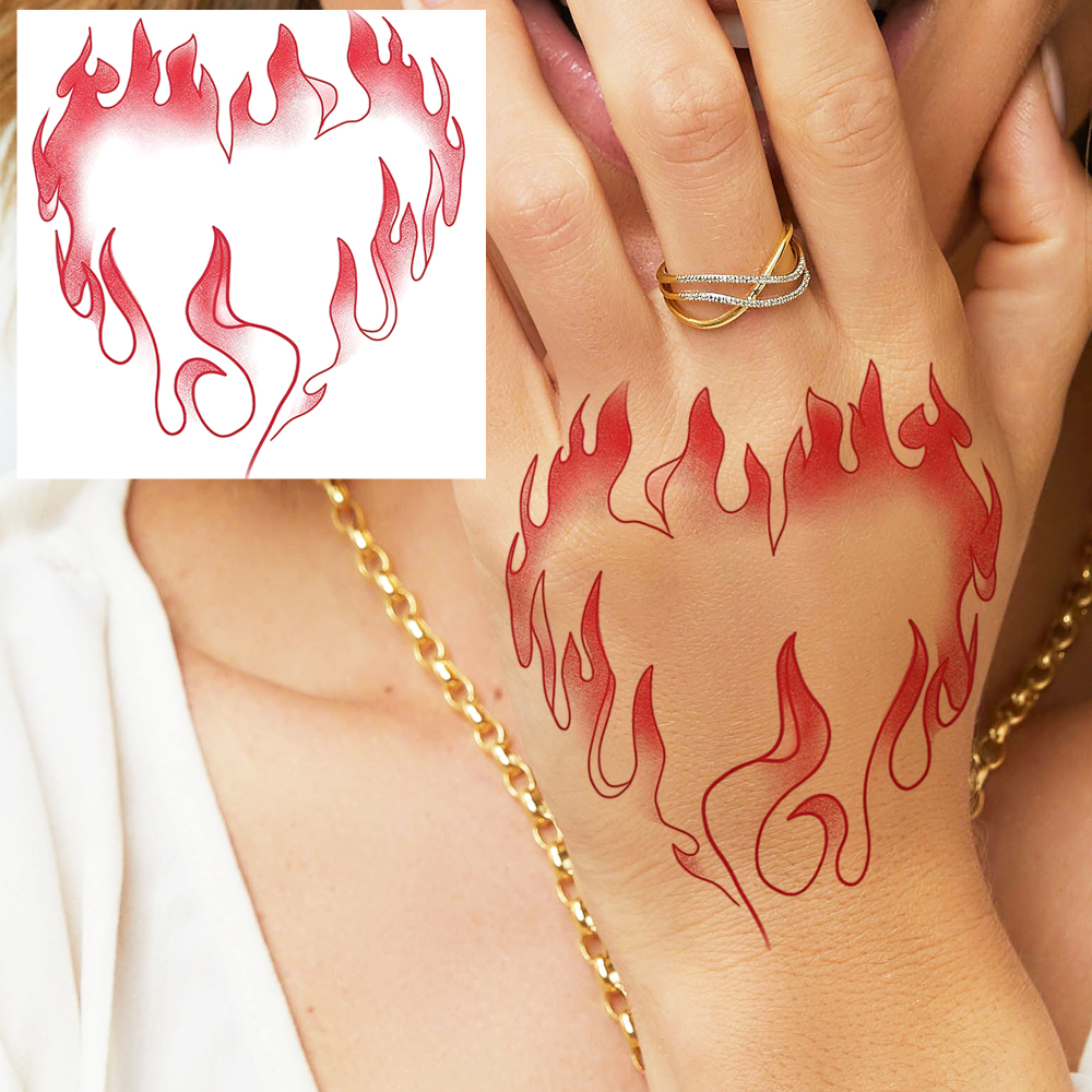 1 Sheet Fire Heart Temporary Tattoos For Women Men Adults Hands Finger Foot Neck Clavicle Legs Forearm Shank Arm Body Art Makeup, Semi Permanent Temp Fake Tattoo Stickers Waterproof Long Lasting Realistic Tatoos For Festival Party Accessory
