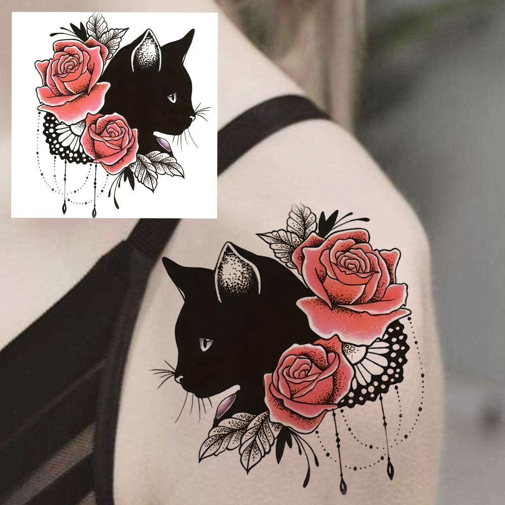 1 Sheet Cat Rose Temporary Tattoos For Women Men Adults Hands Finger Foot Neck Clavicle Legs Forearm Shank Arm Body Art Makeup, Semi Permanent Temp Fake Tattoo Stickers Waterproof Long Lasting Realistic Tatoos For Festival Party Accessory