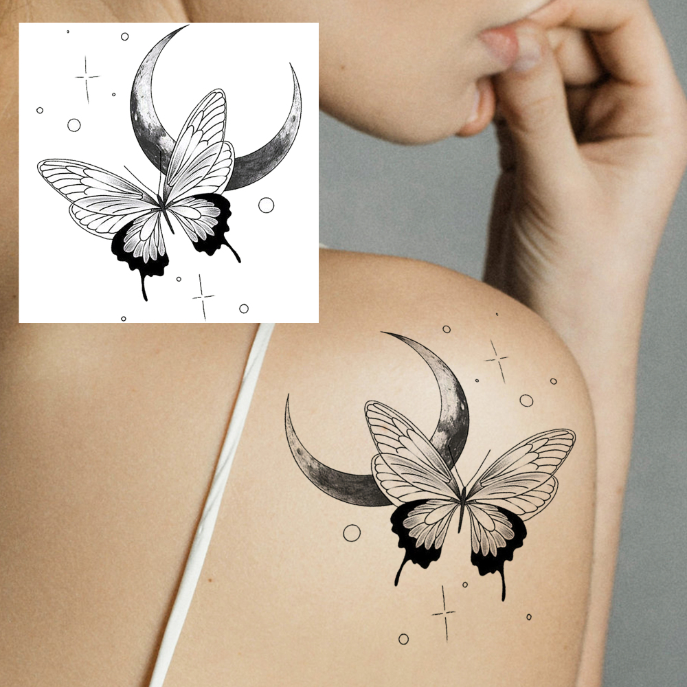 1 Sheet Moon Butterfly Temporary Tattoos For Women Men Adults Hands Finger Foot Neck Clavicle Legs Forearm Shank Arm Body Art Makeup, Semi Permanent Temp Fake Tattoo Stickers Waterproof Long Lasting Realistic Tatoos For Festival Party Accessory