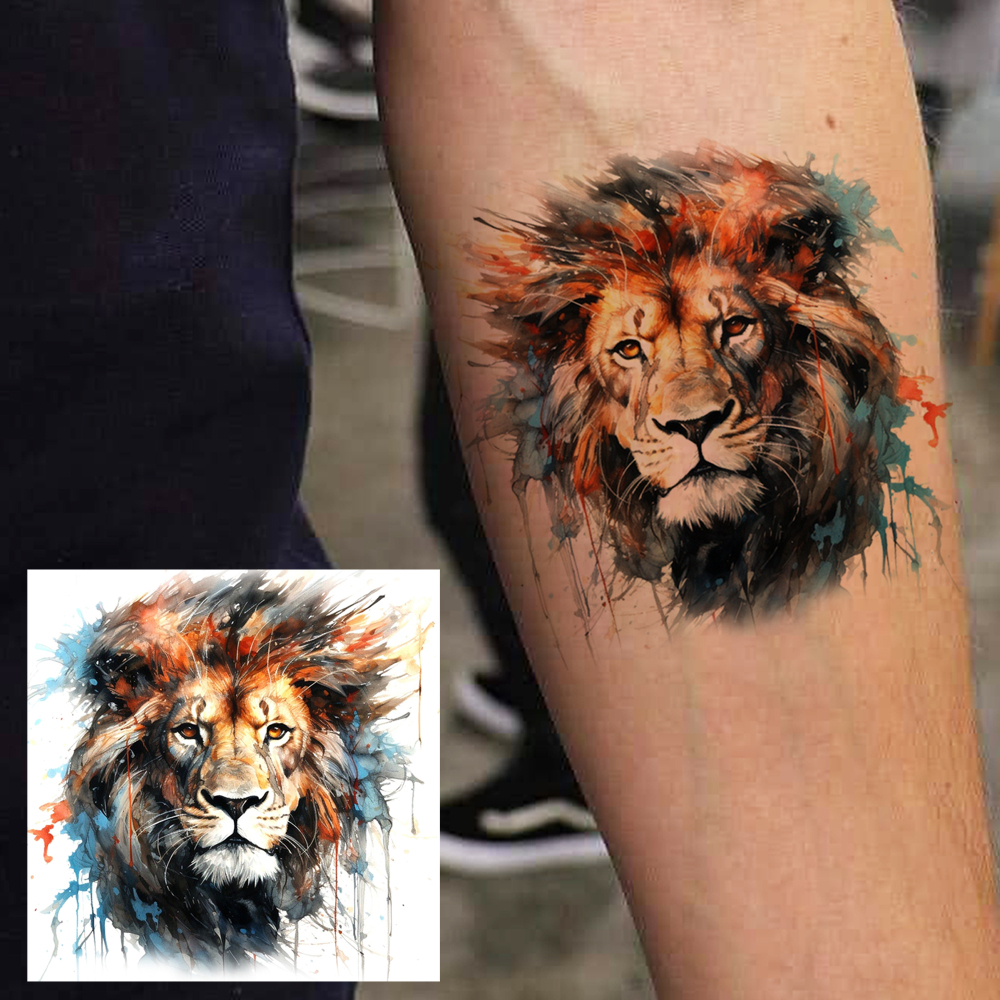 1 Sheet Lion Temporary Tattoos For Women Men Adults Hands Finger Foot Neck Clavicle Legs Forearm Shank Arm Body Art Makeup, Semi Permanent Temp Fake Tattoo Stickers Waterproof Long Lasting Realistic Tatoos For Festival Party Accessory