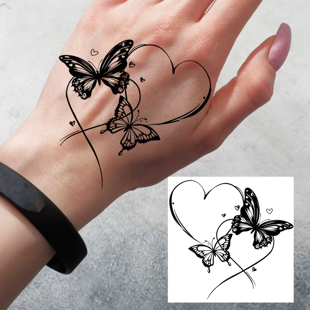 1 Sheet Butterfly Heart Temporary Tattoos For Women Men Adults Hands Finger Foot Neck Clavicle Legs Forearm Shank Arm Body Art Makeup, Semi Permanent Temp Fake Tattoo Stickers Waterproof Long Lasting Realistic Tatoos For Festival Party Accessory