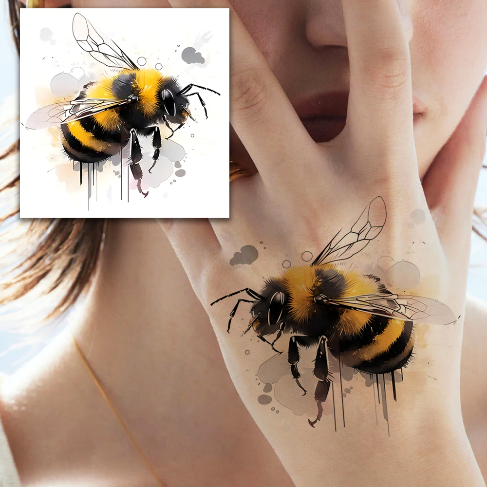1 Sheet Bee Temporary Tattoos For Women Men Adults Hands Finger Foot Neck Clavicle Legs Forearm Shank Arm Body Art Makeup, Semi Permanent Temp Fake Tattoo Stickers Waterproof Long Lasting Realistic Tatoos For Festival Party Accessory