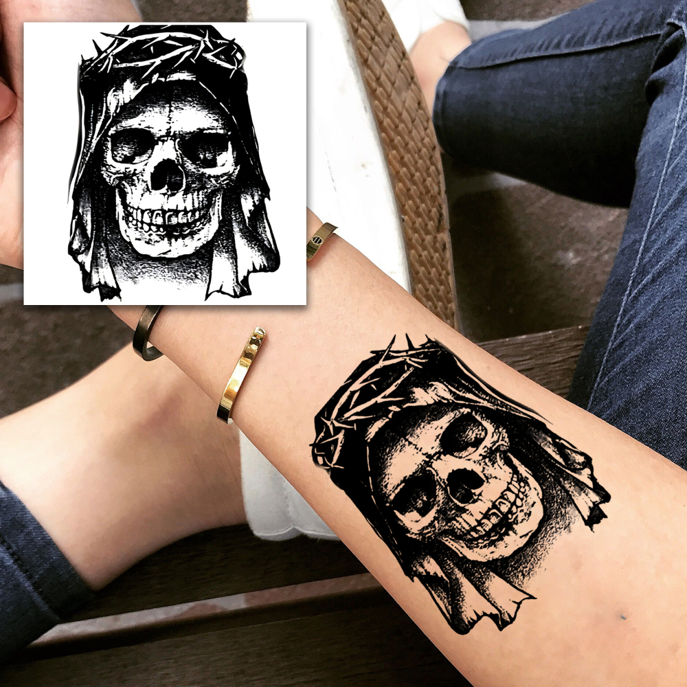 1 Sheet Skeleton Skull Temporary Tattoos For Women Men Adults Hands Finger Foot Neck Clavicle Legs Forearm Shank Arm Body Art Makeup, Semi Permanent Temp Fake Tattoo Stickers Waterproof Long Lasting Realistic Tatoos For Festival Party Accessory