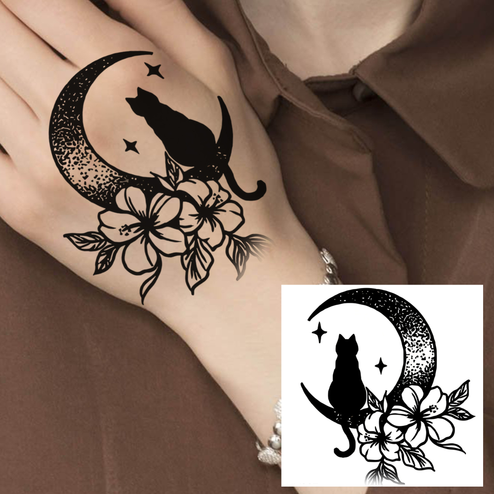 1 Sheet Moon Cat Temporary Tattoos For Women Men Adults Hands Finger Foot Neck Clavicle Legs Forearm Shank Arm Body Art Makeup, Semi Permanent Temp Fake Tattoo Stickers Waterproof Long Lasting Realistic Tatoos For Festival Party Accessory