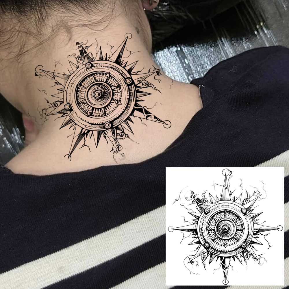 1 Sheet Compass Temporary Tattoos For Women Men Adults Hands Finger Foot Neck Clavicle Legs Forearm Shank Arm Body Art Makeup, Semi Permanent Temp Fake Tattoo Stickers Waterproof Long Lasting Realistic Tatoos For Festival Party Accessory