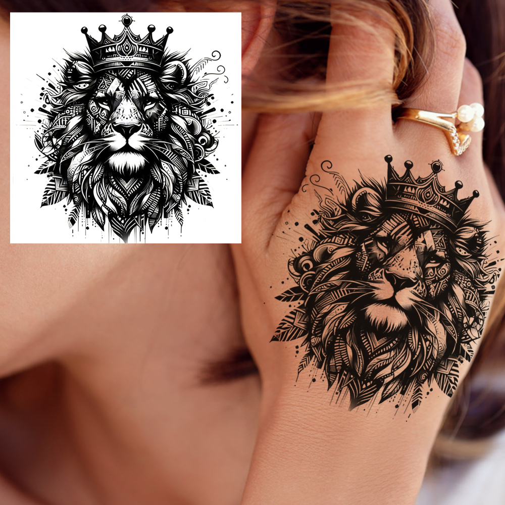 1 Sheet Lion Temporary Tattoos For Women Men Adults Hands Finger Foot Neck Clavicle Legs Forearm Shank Arm Body Art Makeup, Semi Permanent Temp Fake Tattoo Stickers Waterproof Long Lasting Realistic Tatoos For Festival Party Accessory