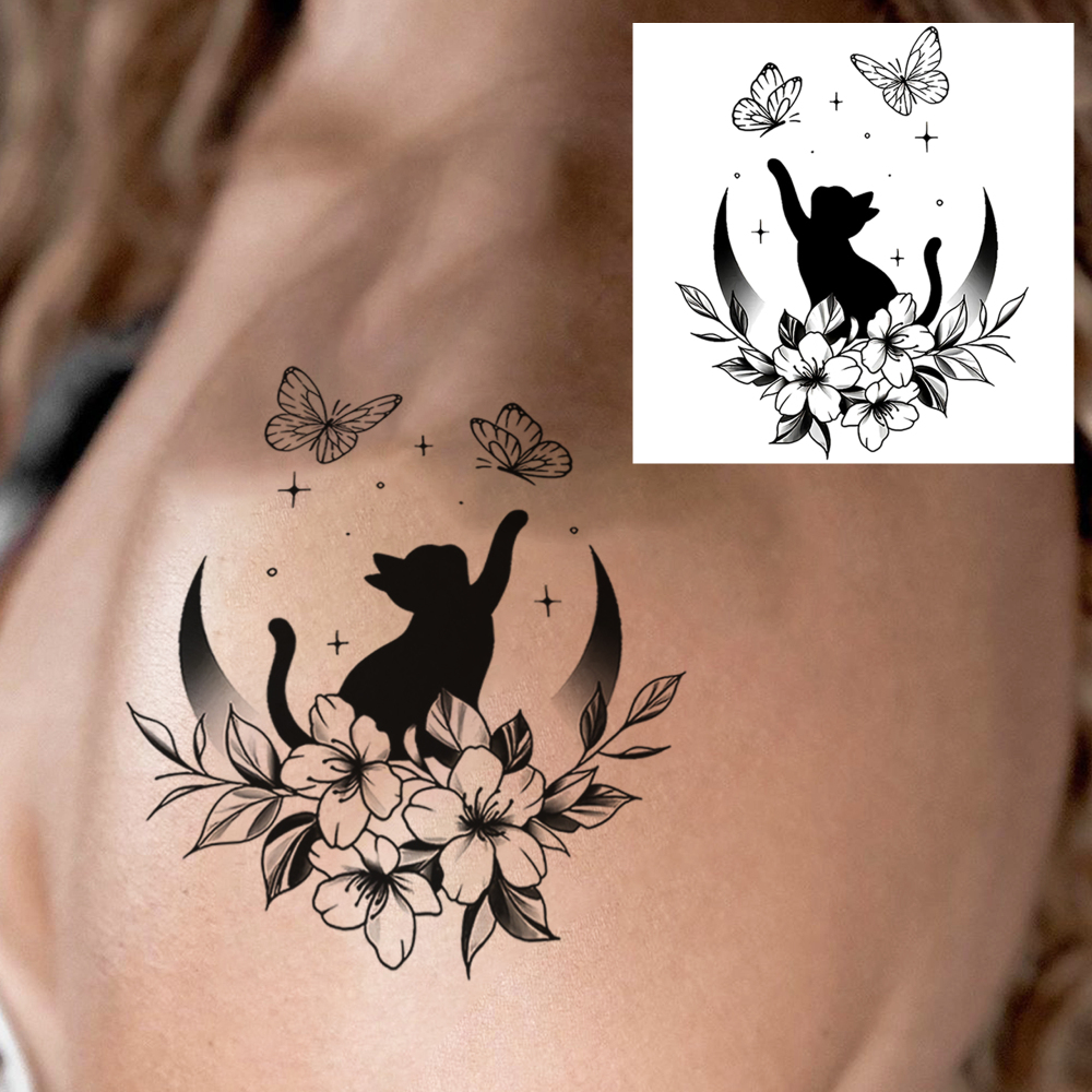 1 Sheet Cat Flower Butterfly Temporary Tattoos For Women Men Adults Hands Finger Foot Neck Clavicle Legs Forearm Shank Arm Body Art Makeup, Semi Permanent Temp Fake Tattoo Stickers Waterproof Long Lasting Realistic Tatoos For Festival Party Accessory