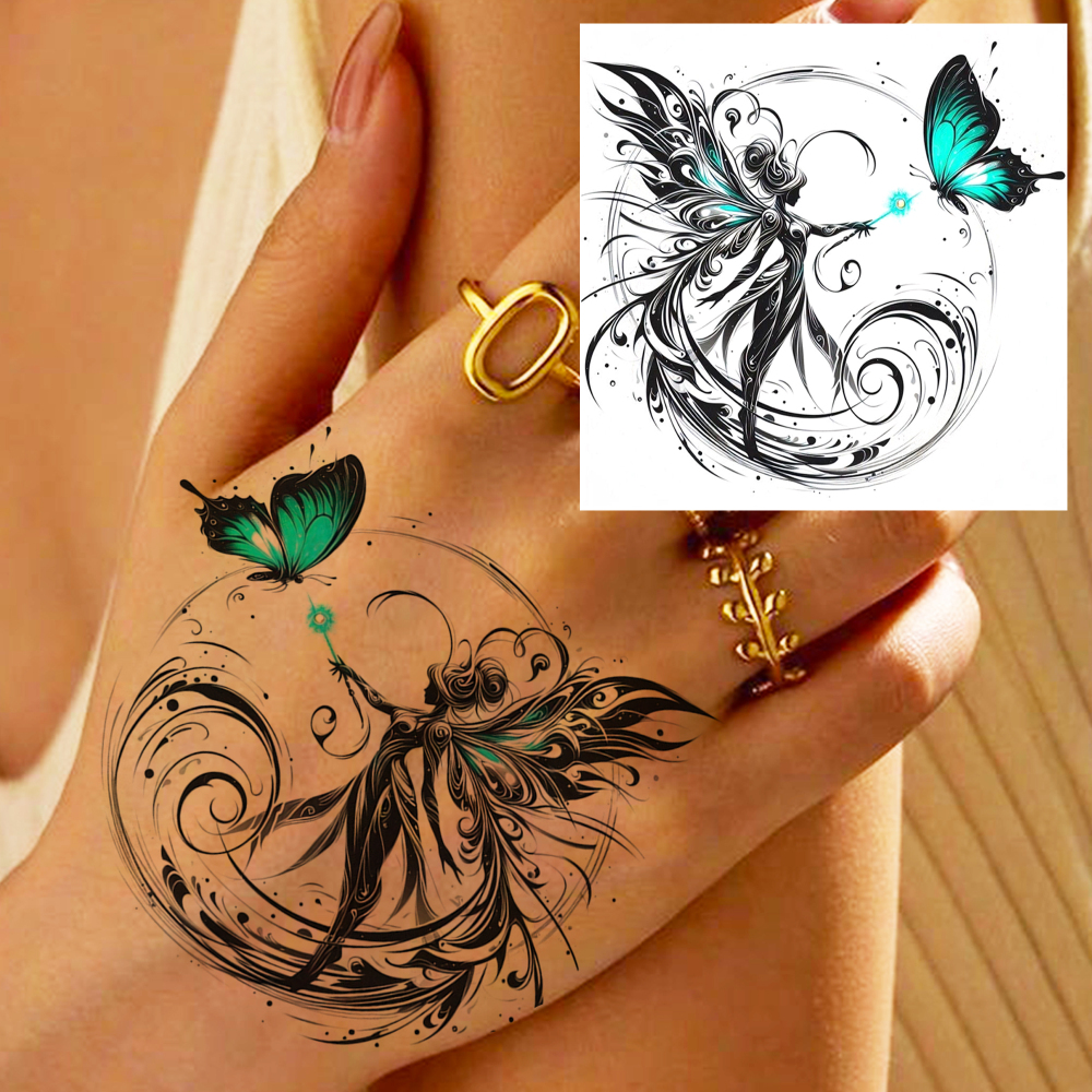 1 Sheet Angel Fairy Temporary Tattoos For Women Men Adults Hands Finger Foot Neck Clavicle Legs Forearm Shank Arm Body Art Makeup, Semi Permanent Temp Fake Tattoo Stickers Waterproof Long Lasting Realistic Tatoos For Festival Party Accessory