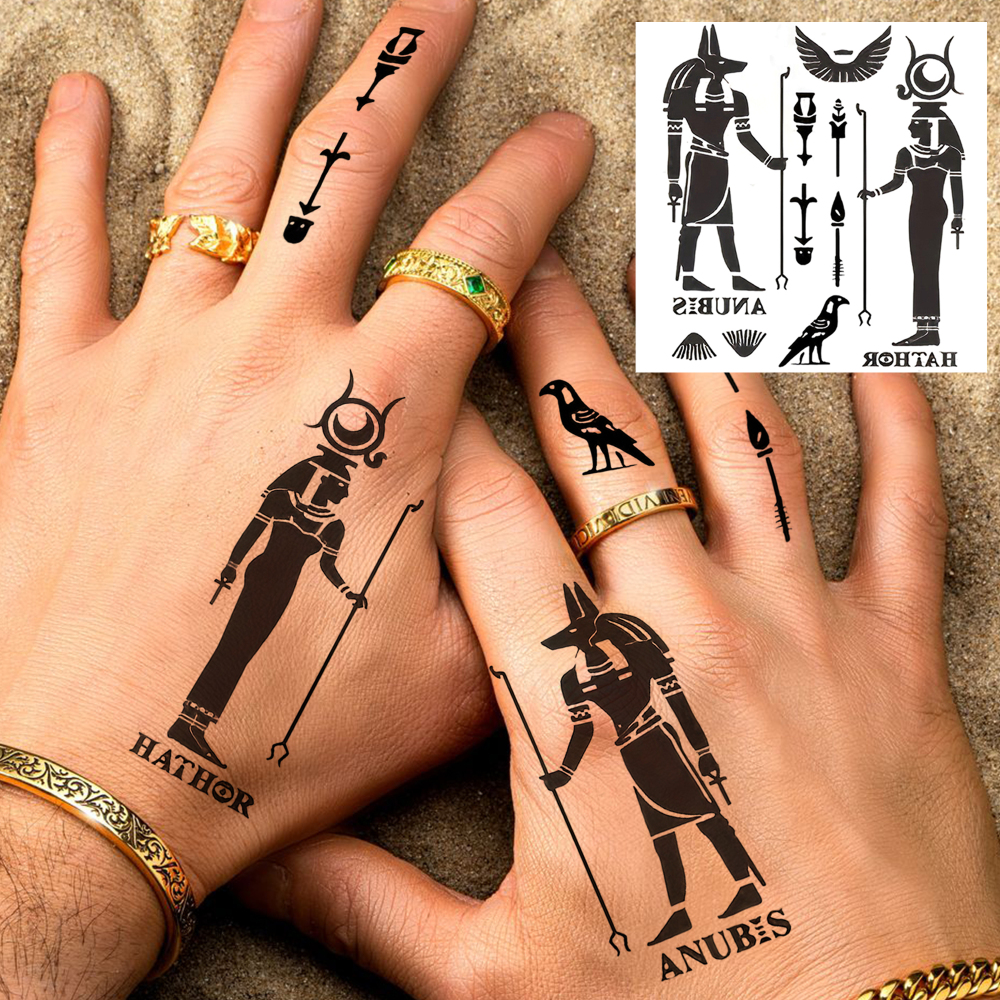 1 Sheet Egyptian Pharaoh Temporary Tattoos For Women Men Adults Hands Finger Foot Neck Clavicle Legs Forearm Shank Arm Body Art Makeup, Semi Permanent Temp Fake Tattoo Stickers Waterproof Long Lasting Realistic Tatoos For Festival Party Accessory