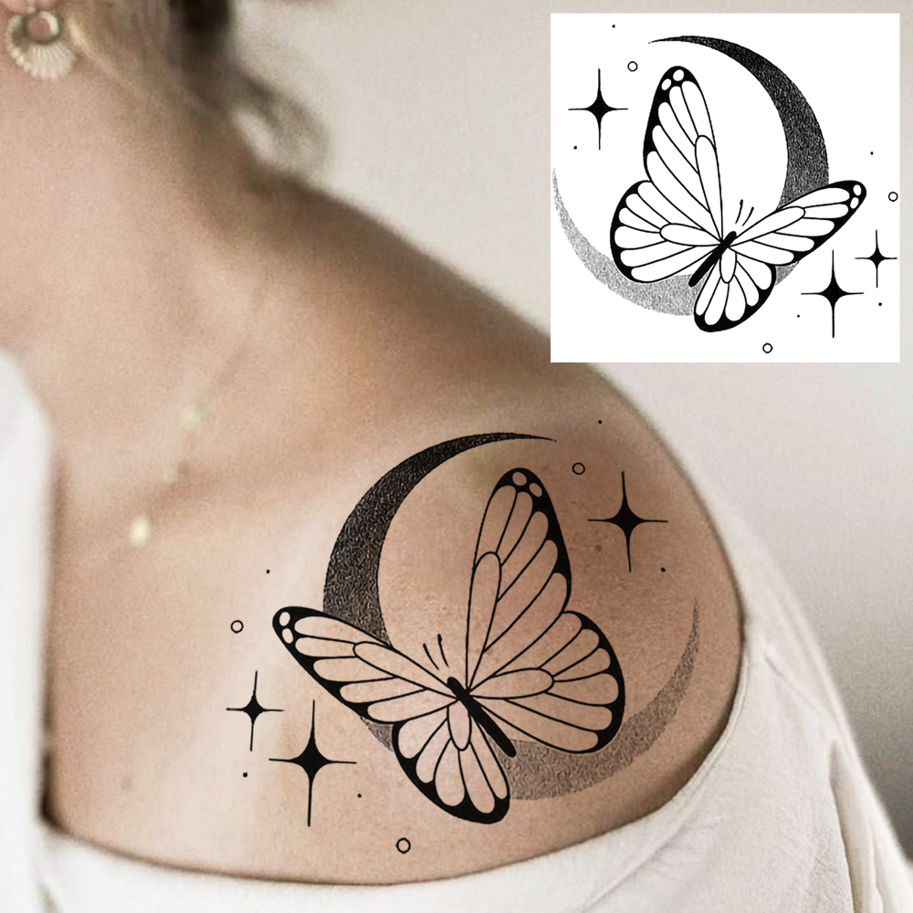 1 Sheet Moon Butterfly Temporary Tattoos For Women Men Adults Hands Finger Foot Neck Clavicle Legs Forearm Shank Arm Body Art Makeup, Semi Permanent Temp Fake Tattoo Stickers Waterproof Long Lasting Realistic Tatoos For Festival Party Accessory