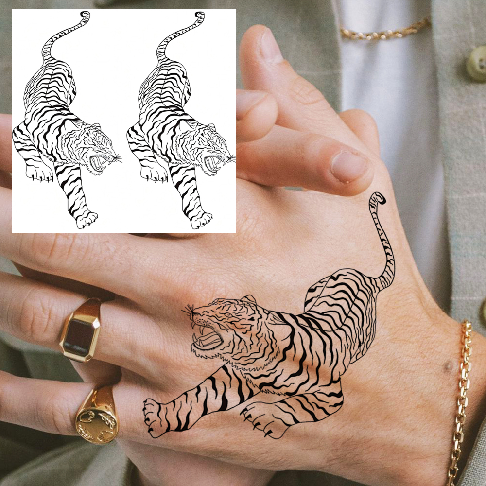 1 Sheet Tiger Temporary Tattoos For Women Men Adults Hands Finger Foot Neck Clavicle Legs Forearm Shank Arm Body Art Makeup, Semi Permanent Temp Fake Tattoo Stickers Waterproof Long Lasting Realistic Tatoos For Festival Party Accessory