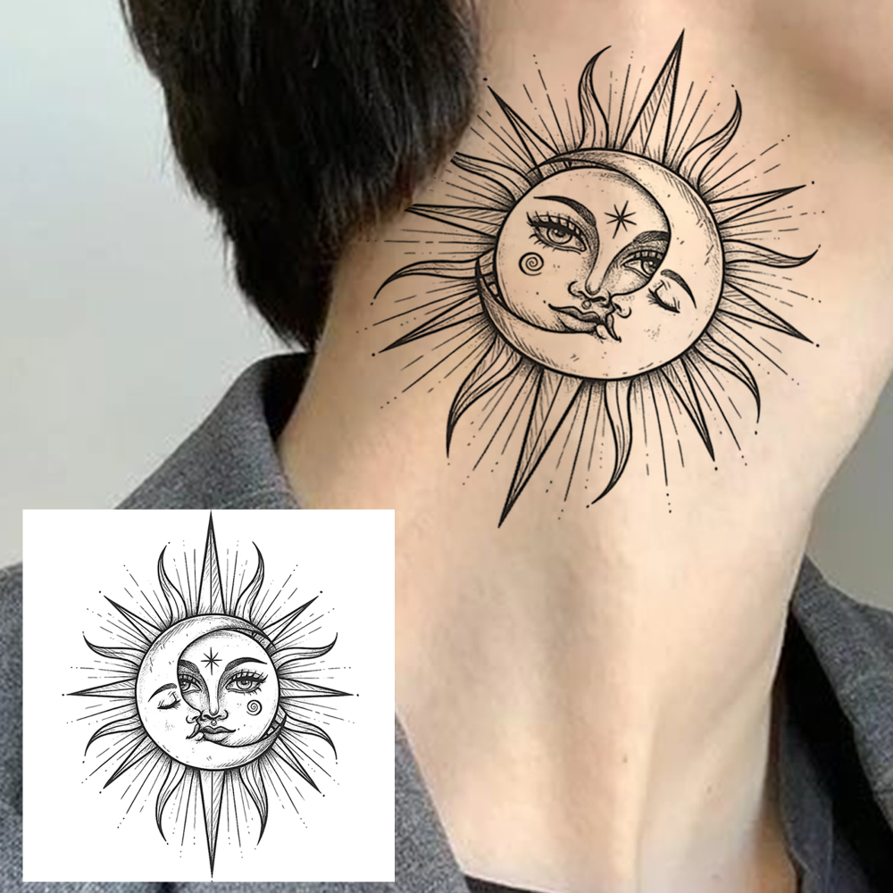 1 Sheet Moon Sun Temporary Tattoos For Women Men Adults Hands Finger Foot Neck Clavicle Legs Forearm Shank Arm Body Art Makeup, Semi Permanent Temp Fake Tattoo Stickers Waterproof Long Lasting Realistic Tatoos For Festival Party Accessory