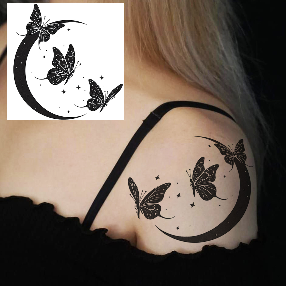 1 Sheet butterfly moon Temporary Tattoos For Women Men Adults Hands Finger Foot Neck Clavicle Legs Forearm Shank Arm Body Art Makeup, Semi Permanent Temp Fake Tattoo Stickers Waterproof Long Lasting Realistic Tatoos For Festival Party Accessory