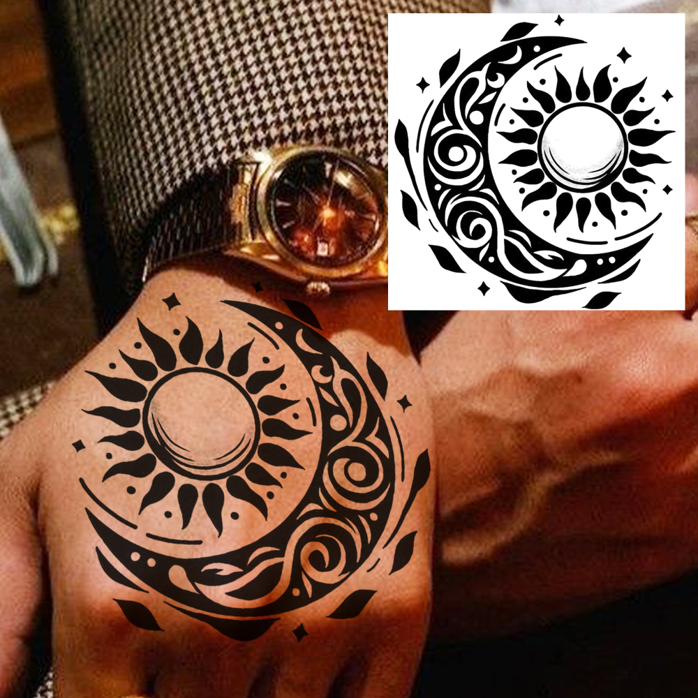 1 Sheet Moon Sun Temporary Tattoos For Women Men Adults Hands Finger Foot Neck Clavicle Legs Forearm Shank Arm Body Art Makeup, Semi Permanent Temp Fake Tattoo Stickers Waterproof Long Lasting Realistic Tatoos For Festival Party Accessory