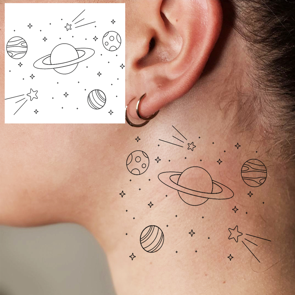 1 Sheet Planet Solar Temporary Tattoos For Women Men Adults Hands Finger Foot Neck Clavicle Legs Forearm Shank Arm Body Art Makeup, Semi Permanent Temp Fake Tattoo Stickers Waterproof Long Lasting Realistic Tatoos For Festival Party Accessory