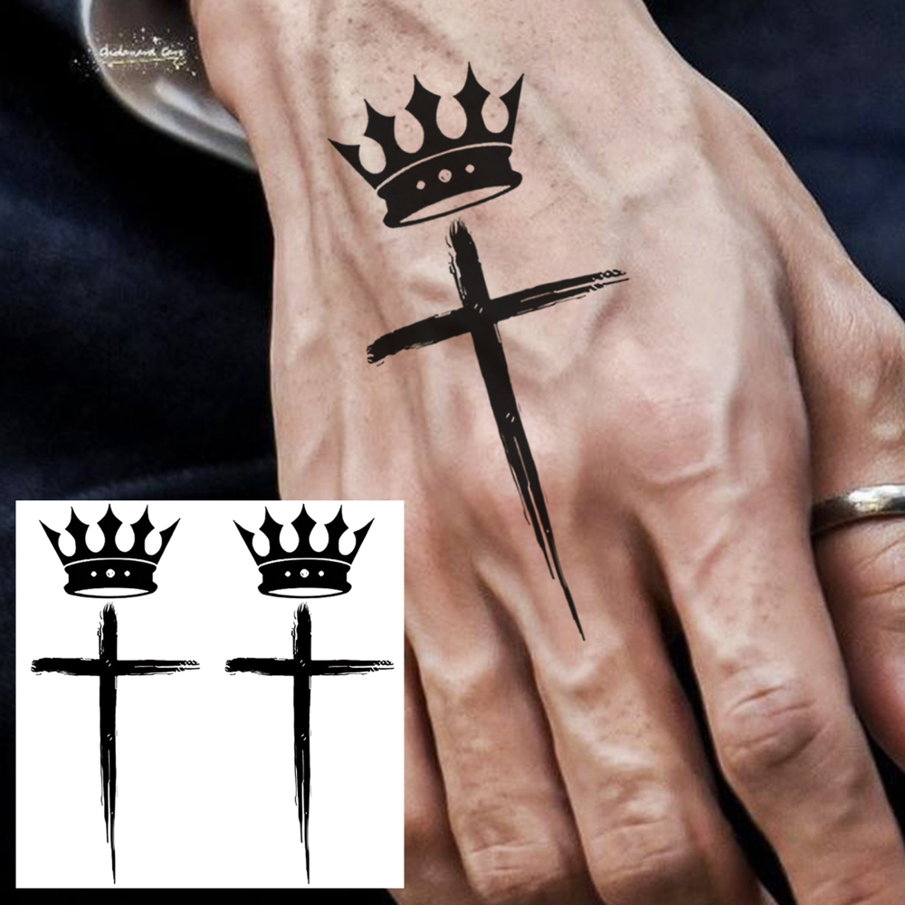1 Sheet Crown Cross Temporary Tattoos For Women Men Adults Hands Finger Foot Neck Clavicle Legs Forearm Shank Arm Body Art Makeup, Semi Permanent Temp Fake Tattoo Stickers Waterproof Long Lasting Realistic Tatoos For Festival Party Accessory