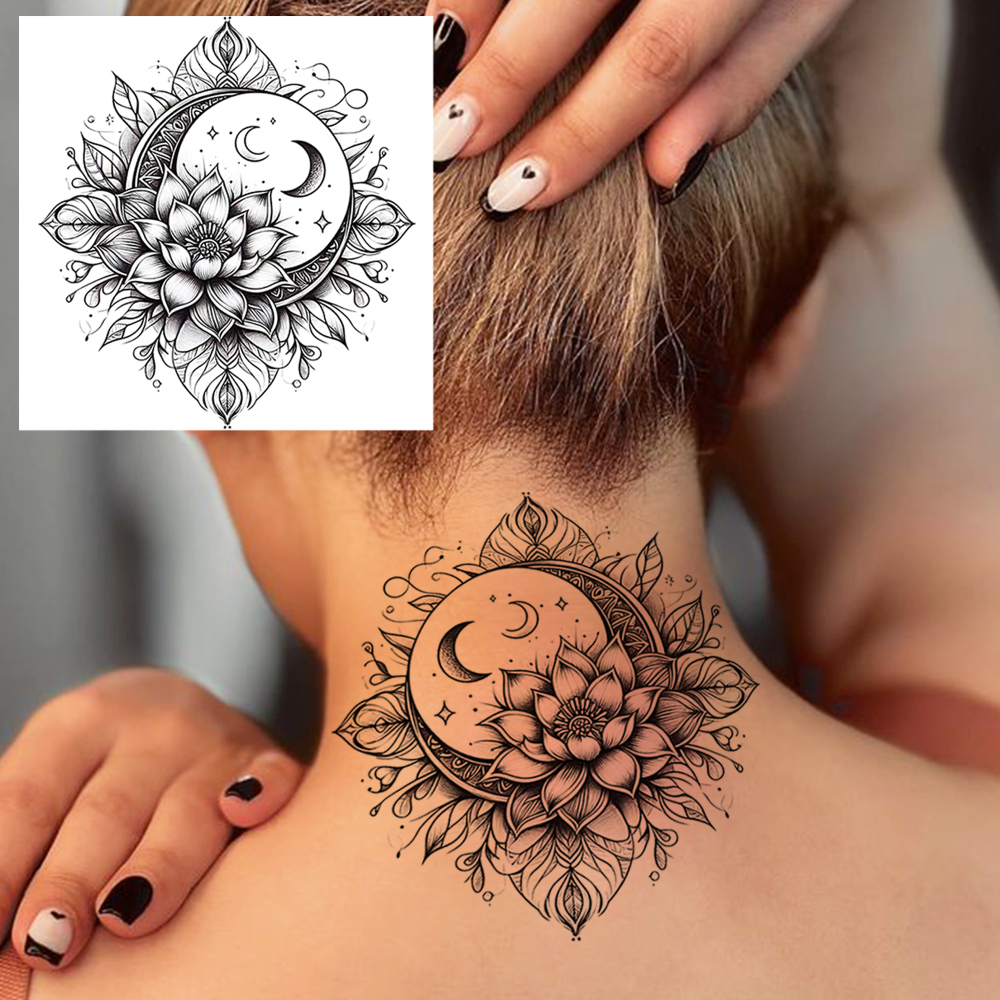1 Sheet Moon Flower Temporary Tattoos For Women Men Adults Hands Finger Foot Neck Clavicle Legs Forearm Shank Arm Body Art Makeup, Semi Permanent Temp Fake Tattoo Stickers Waterproof Long Lasting Realistic Tatoos For Festival Party Accessory