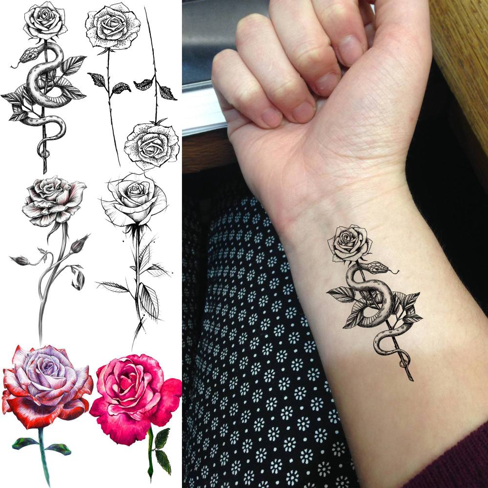24 Sheets Small Rose Temporary Tattoos For Women Men Adults Kids Hands Finger Foot Neck Clavicle Shank Arm Body Art Makeup, Semi Permanent Temp Fake Tattoo Stickers Waterproof Long Lasting Realistic Tatoos For Festival Party Accessory