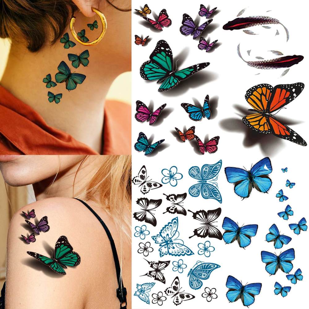 15 Sheets Cute Butterfly Temporary Tattoos For Women Men Adults Hands Finger Foot Neck Clavicle Legs Thigh Forearm Shank Arm Body Art Makeup, Semi Permanent Temp Fake Tattoo Stickers Waterproof Long Lasting Realistic Tatoos For Festival Party Accessory
