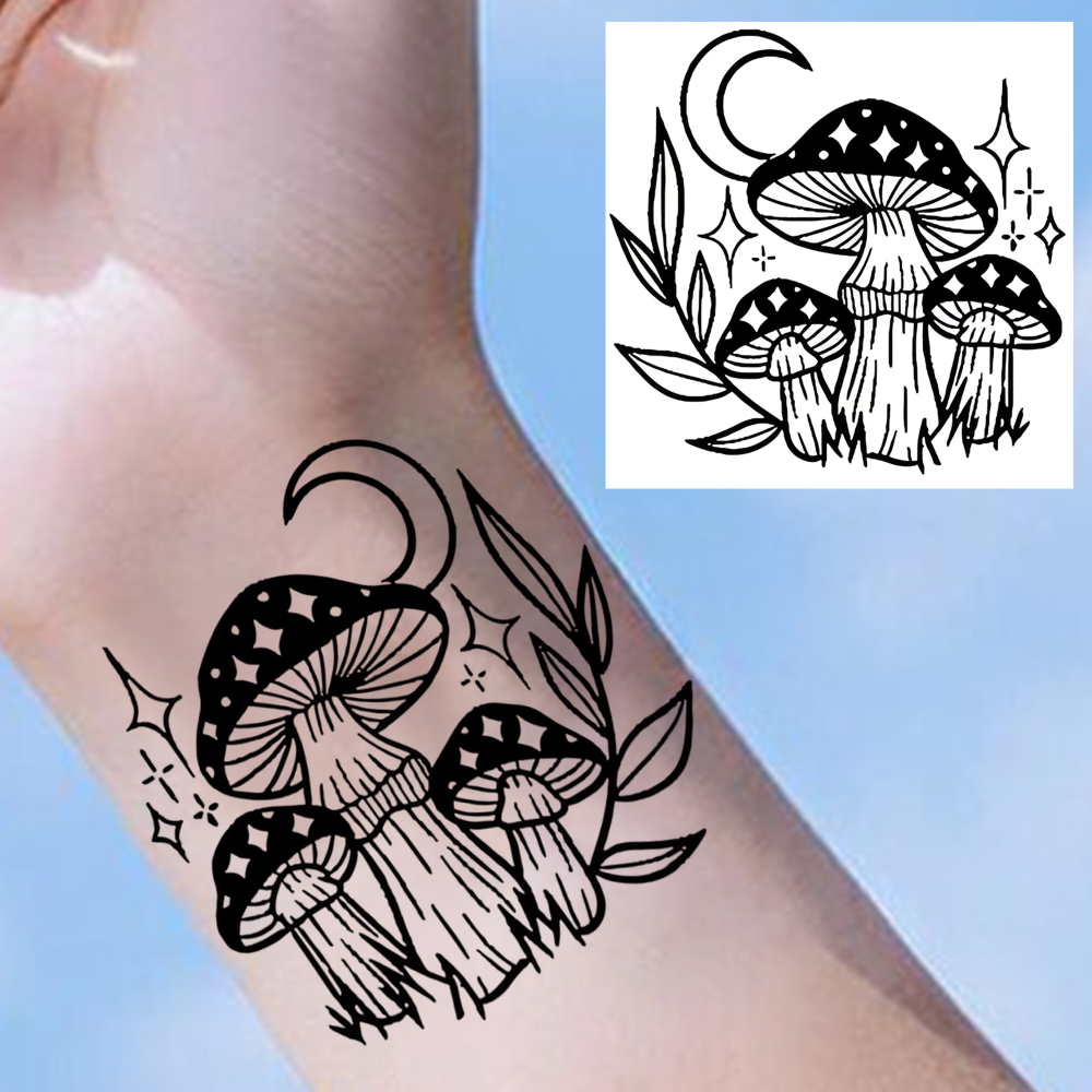 1 Sheet mushroom Temporary Tattoos For Women Men Adults Hands Finger Foot Neck Clavicle Legs Forearm Shank Arm Body Art Makeup, Semi Permanent Temp Fake Tattoo Stickers Waterproof Long Lasting Realistic Tatoos For Festival Party Accessory