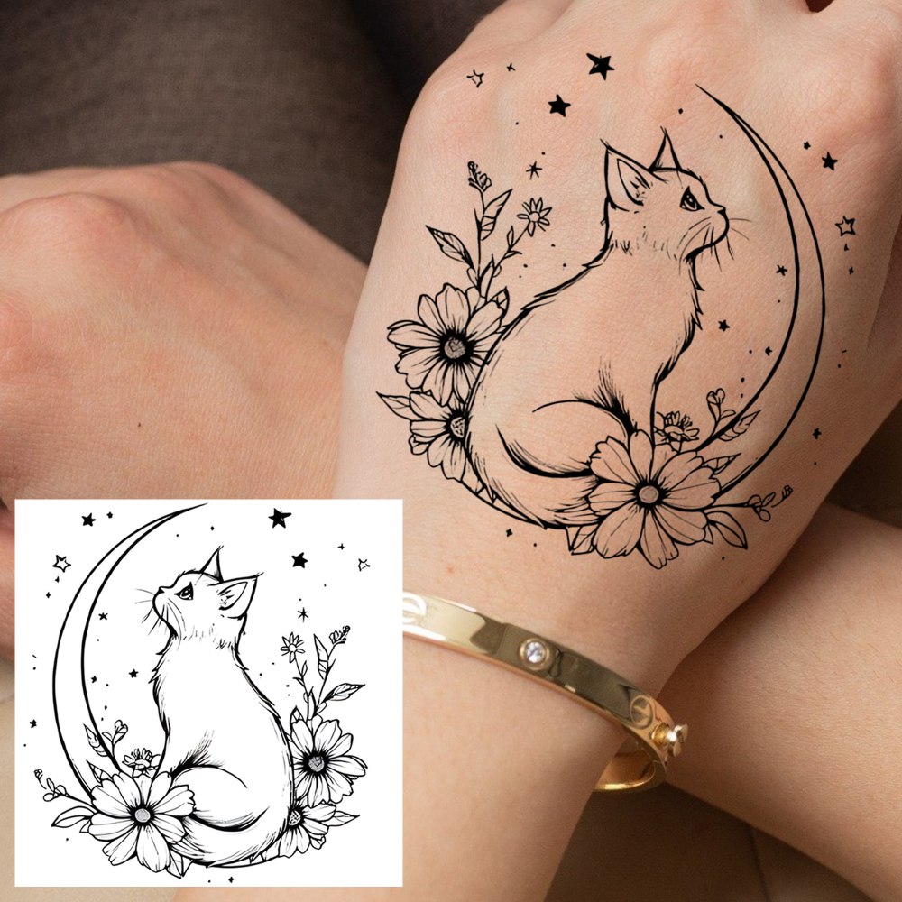 1 Sheet Moon Cat Temporary Tattoos For Women Men Adults Hands Finger Foot Neck Clavicle Legs Forearm Shank Arm Body Art Makeup, Semi Permanent Temp Fake Tattoo Stickers Waterproof Long Lasting Realistic Tatoos For Festival Party Accessory