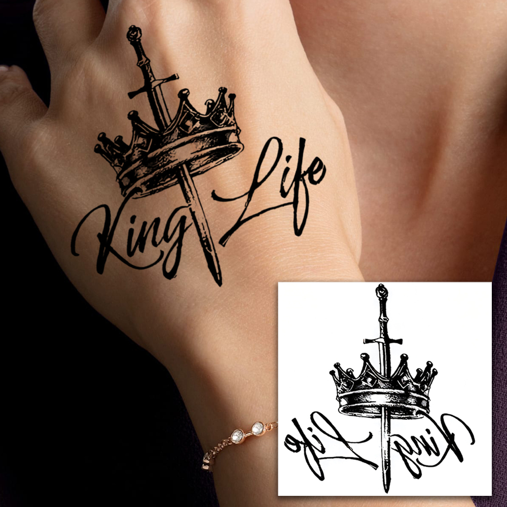 1 Sheet Crown Temporary Tattoos For Women Men Adults Hands Finger Foot Neck Clavicle Legs Forearm Shank Arm Body Art Makeup, Semi Permanent Temp Fake Tattoo Stickers Waterproof Long Lasting Realistic Tatoos For Festival Party Accessory