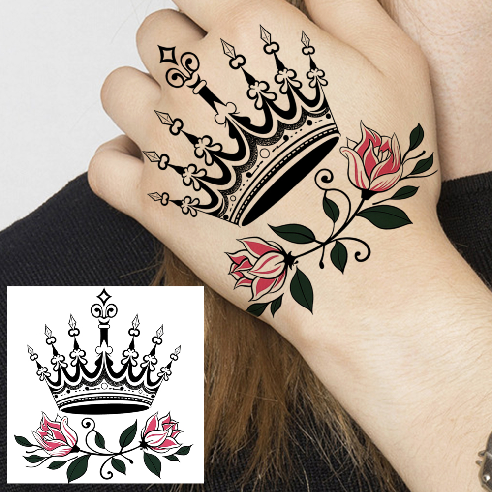 1 Sheet Crown Temporary Tattoos For Women Men Adults Hands Finger Foot Neck Clavicle Legs Forearm Shank Arm Body Art Makeup, Semi Permanent Temp Fake Tattoo Stickers Waterproof Long Lasting Realistic Tatoos For Festival Party Accessory