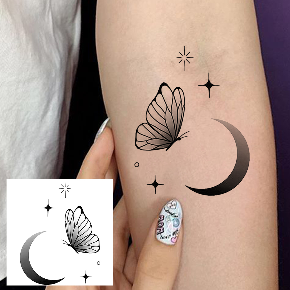 1 Sheet Butterfly Moon Temporary Tattoos For Women Men Adults Hands Finger Foot Neck Clavicle Legs Forearm Shank Arm Body Art Makeup, Semi Permanent Temp Fake Tattoo Stickers Waterproof Long Lasting Realistic Tatoos For Festival Party Accessory