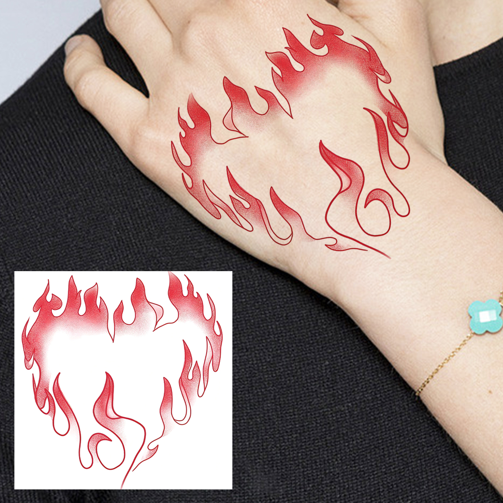1 Sheet Fire Heart Temporary Tattoos For Women Men Adults Hands Finger Foot Neck Clavicle Legs Forearm Shank Arm Body Art Makeup, Semi Permanent Temp Fake Tattoo Stickers Waterproof Long Lasting Realistic Tatoos For Festival Party Accessory