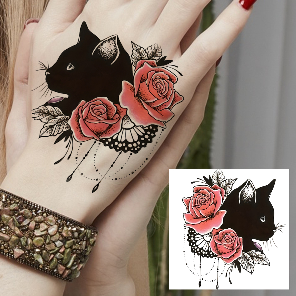 1 Sheet Cat Rose Temporary Tattoos For Women Men Adults Hands Finger Foot Neck Clavicle Legs Forearm Shank Arm Body Art Makeup, Semi Permanent Temp Fake Tattoo Stickers Waterproof Long Lasting Realistic Tatoos For Festival Party Accessory
