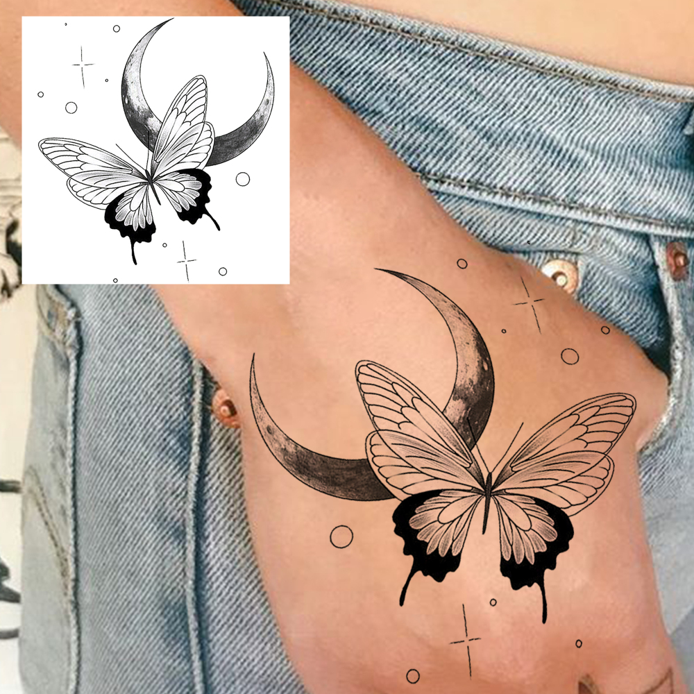 1 Sheet Moon Butterfly Temporary Tattoos For Women Men Adults Hands Finger Foot Neck Clavicle Legs Forearm Shank Arm Body Art Makeup, Semi Permanent Temp Fake Tattoo Stickers Waterproof Long Lasting Realistic Tatoos For Festival Party Accessory