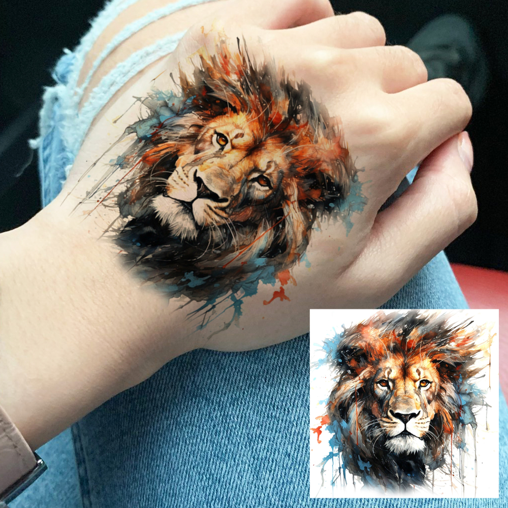 1 Sheet Lion Temporary Tattoos For Women Men Adults Hands Finger Foot Neck Clavicle Legs Forearm Shank Arm Body Art Makeup, Semi Permanent Temp Fake Tattoo Stickers Waterproof Long Lasting Realistic Tatoos For Festival Party Accessory