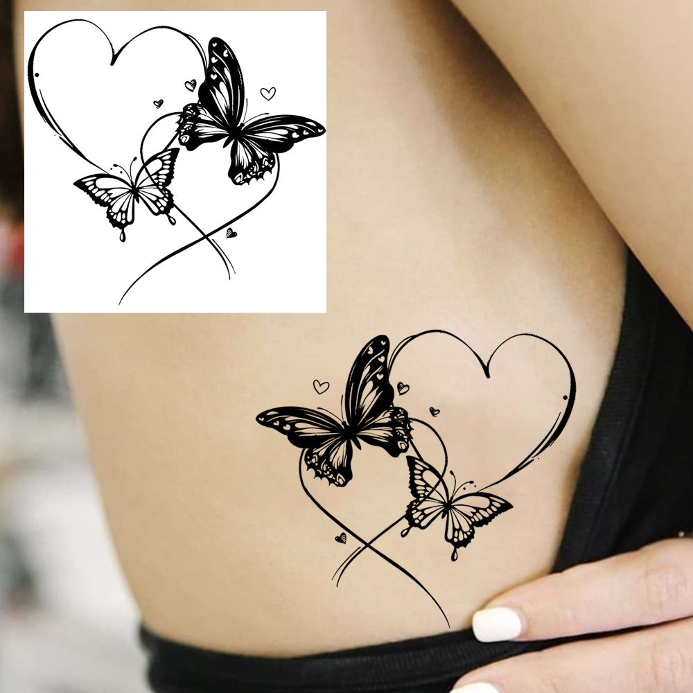 1 Sheet Butterfly Heart Temporary Tattoos For Women Men Adults Hands Finger Foot Neck Clavicle Legs Forearm Shank Arm Body Art Makeup, Semi Permanent Temp Fake Tattoo Stickers Waterproof Long Lasting Realistic Tatoos For Festival Party Accessory