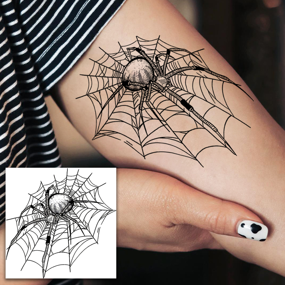 1 Sheet Halloween Spider Web Temporary Tattoos For Women Men Adults Hands Finger Foot Neck Clavicle Legs Forearm Shank Arm Body Art Makeup, Semi Permanent Temp Fake Tattoo Stickers Waterproof Long Lasting Realistic Tatoos For Festival Party Accessory
